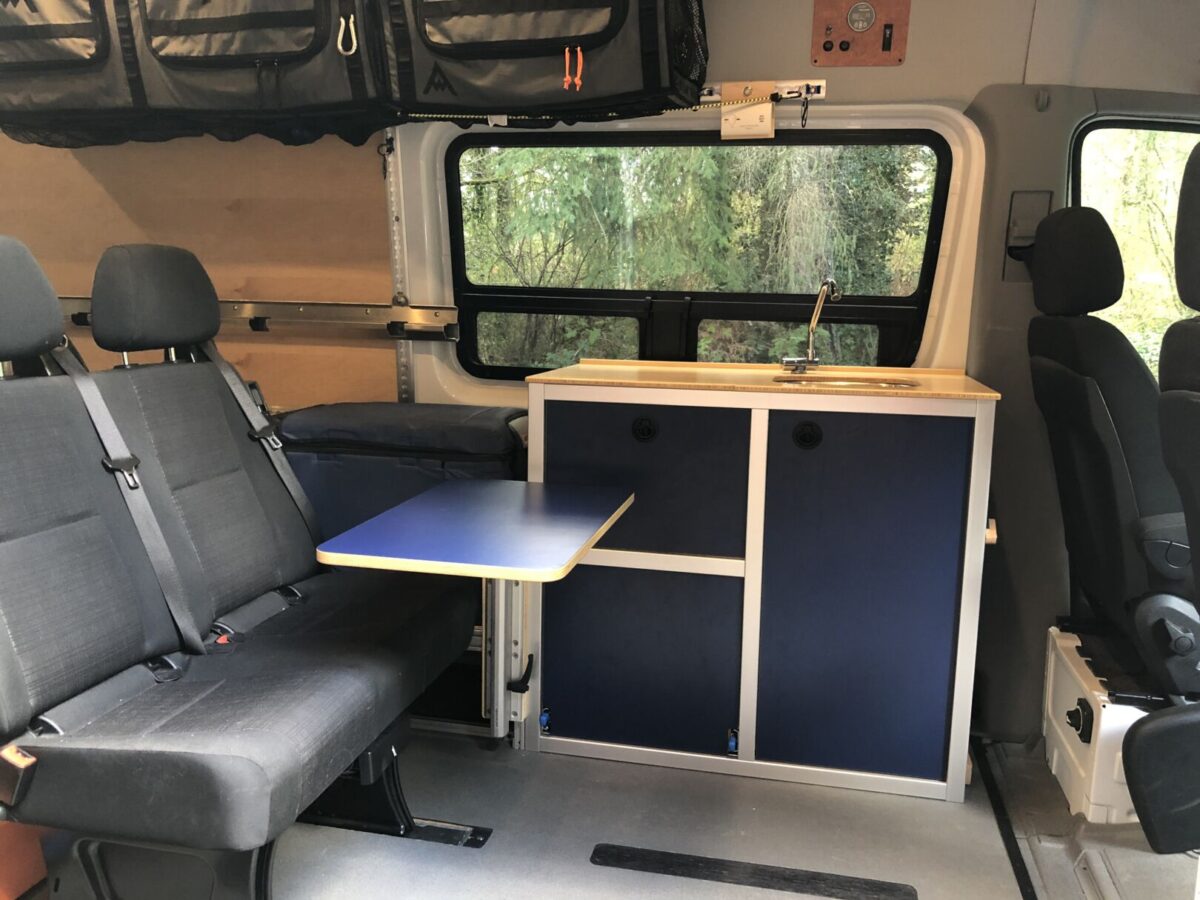 Sprinter Van interior with Three85 Original Galley installed in the VW Cali position